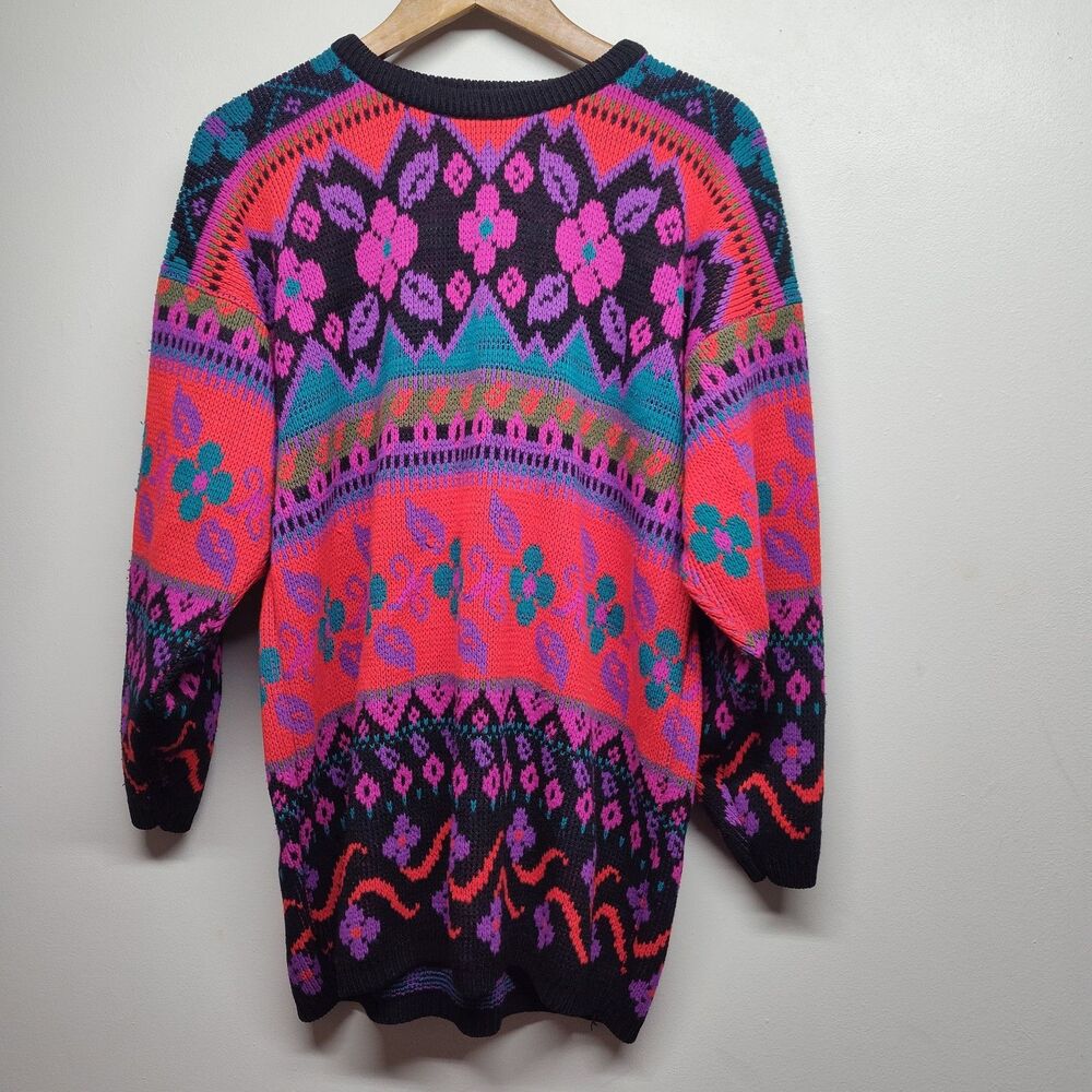 Adina Knit Sweater Women Size L Black Red Floral Crewneck Vintage Feminine Artsy